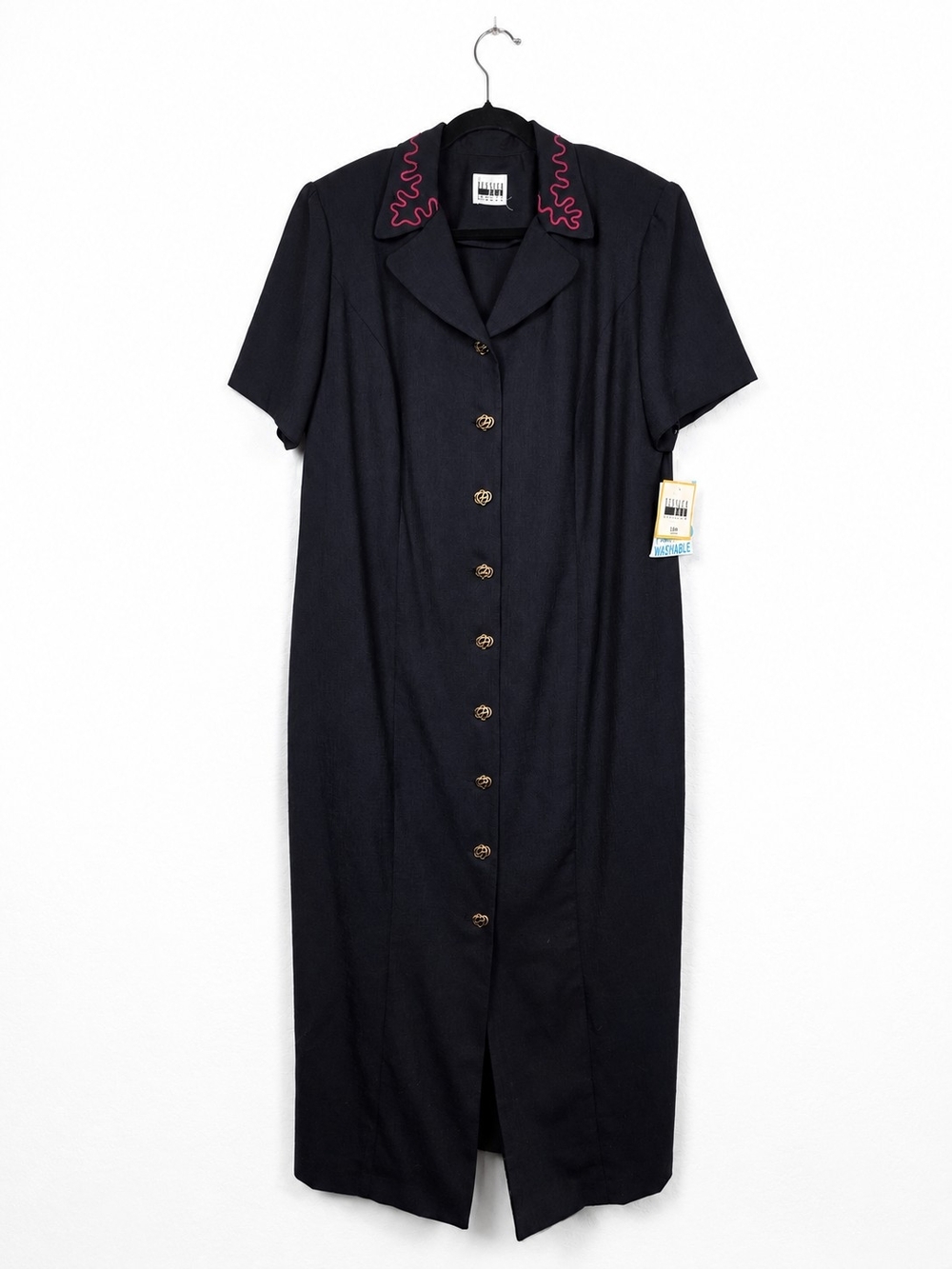Vintage 90s Leslie Fay NWT Navy Embroidered Collar Midi Shirt Dress 14W